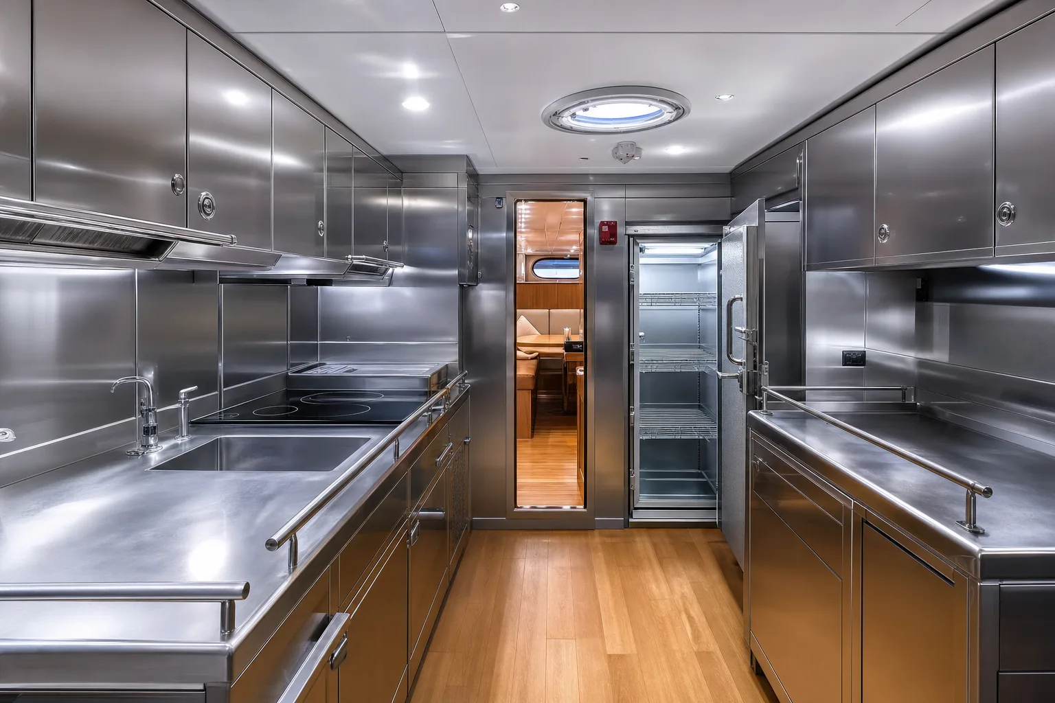 A stainless steel yacht galley with sea rails along the worktops